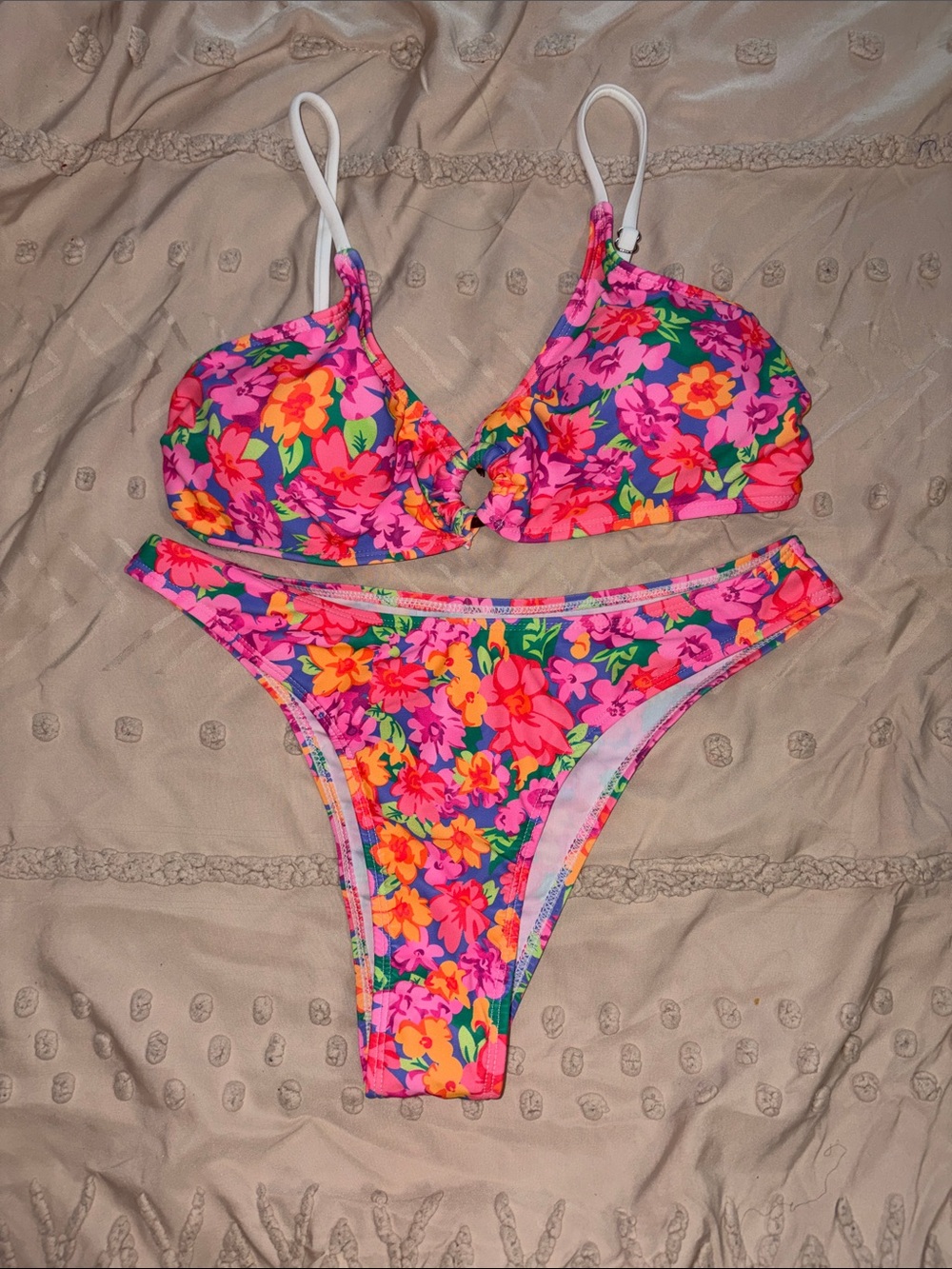SHEIN Pink Floral Bikini Set with Orange and Green Accents